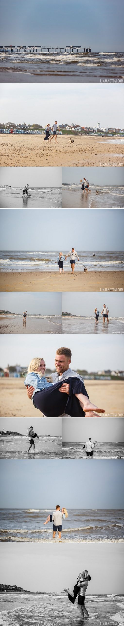 beach pre wedding shoot with cute pug in Southwold